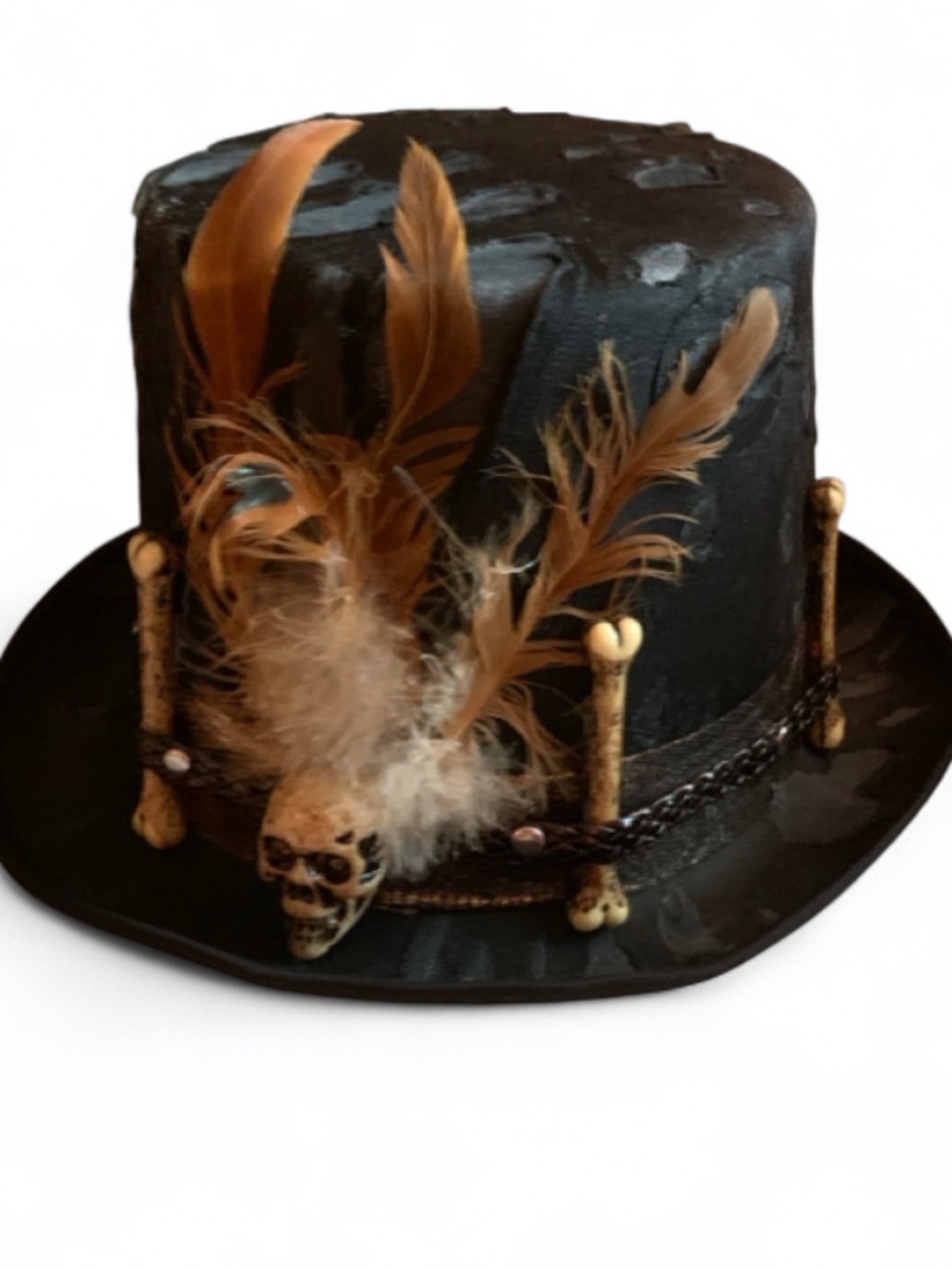 Spirit Black skull and bones top hat with feathers and bones6" tall,8" wide insi